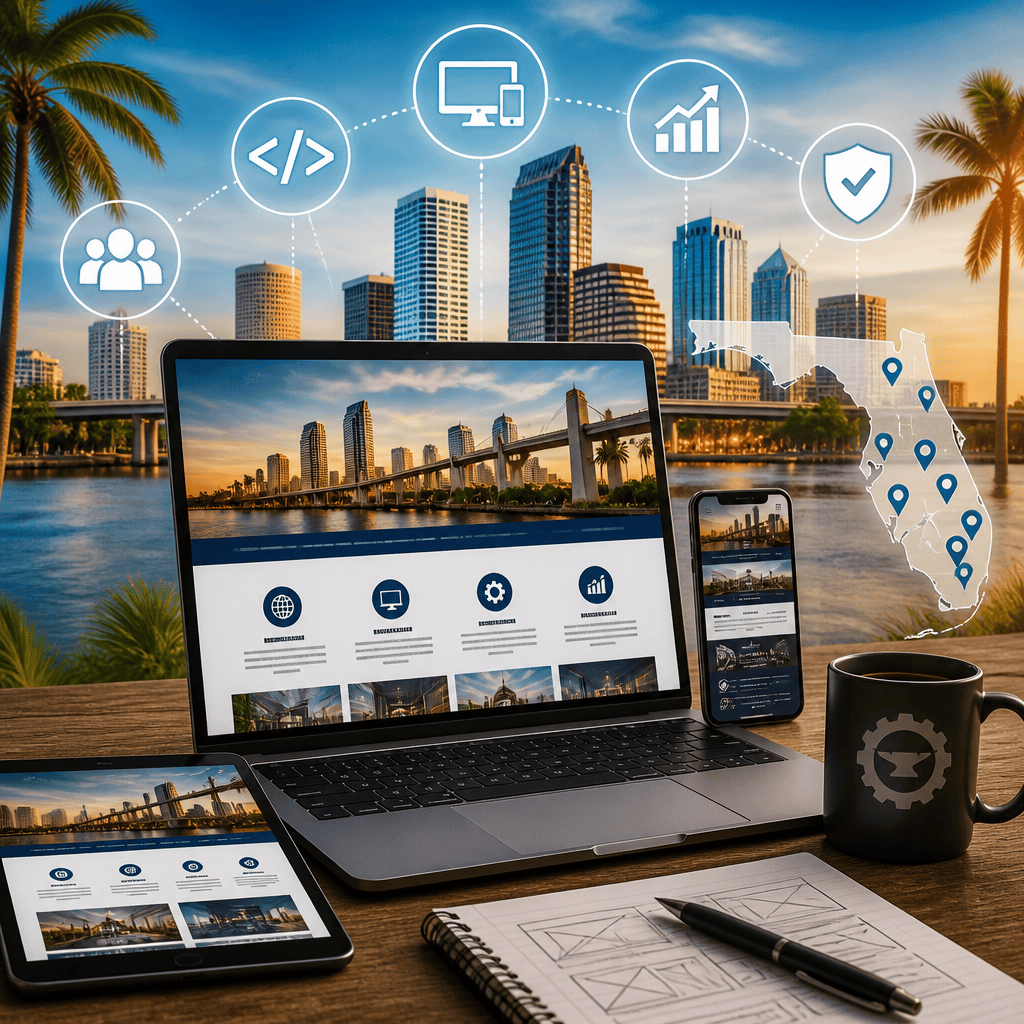Laptop, tablet and phone displaying a responsive business website above the Tampa skyline