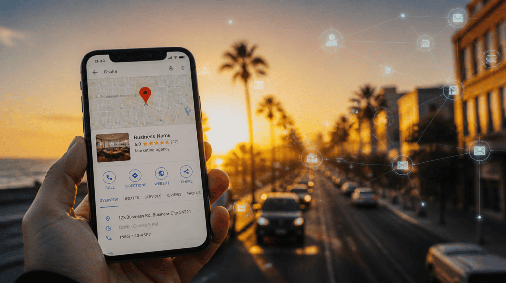 Hand holding a smartphone showing a Google Maps business listing on a palm-lined Florida street at sunset