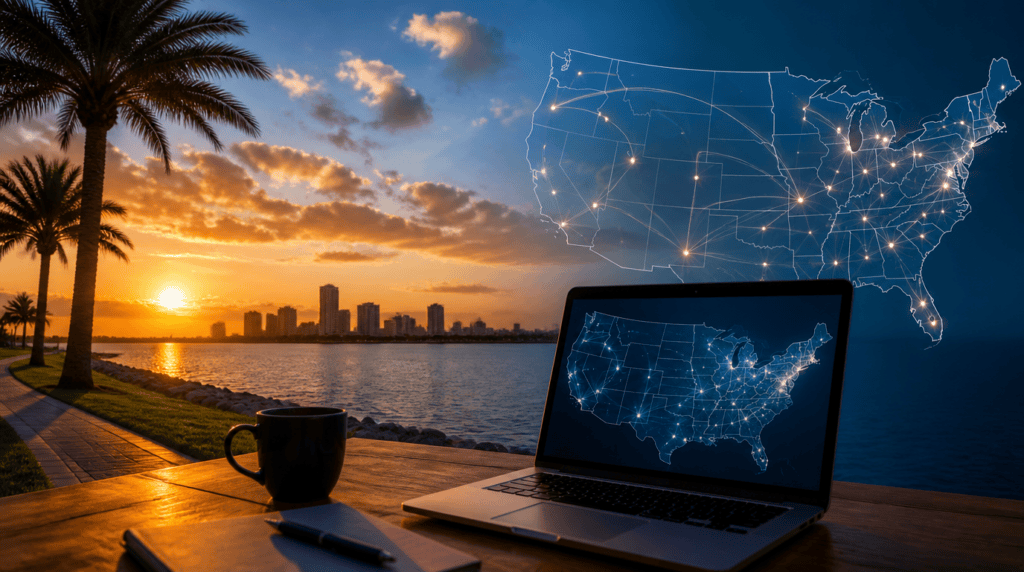 Laptop on a waterfront table at sunset with a glowing network map of the United States