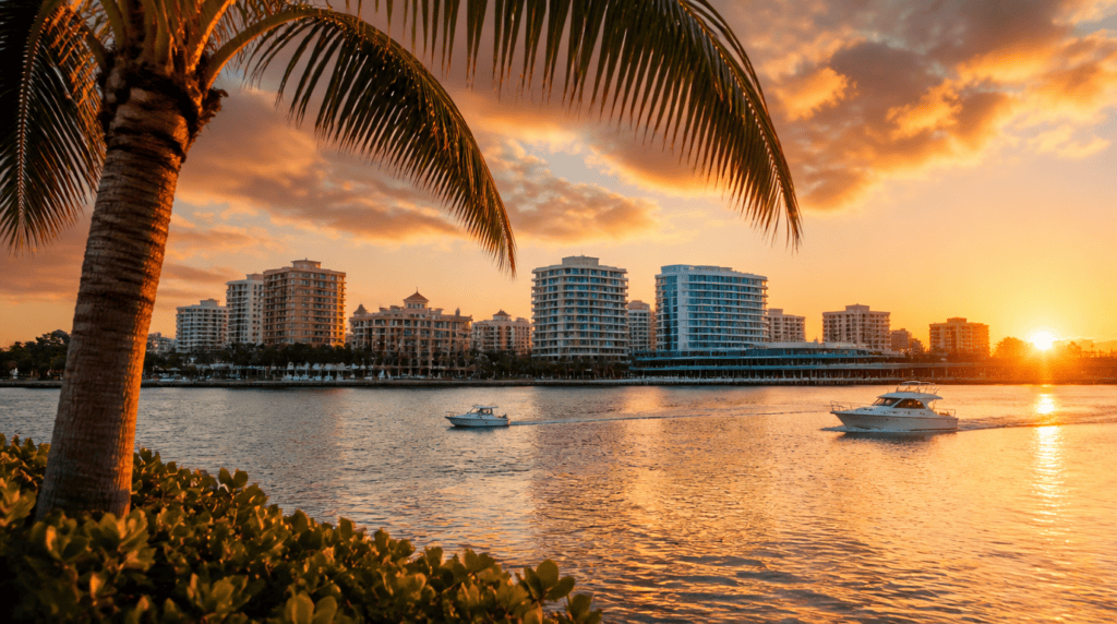 Florida waterfront skyline at sunset framed by palm fronds