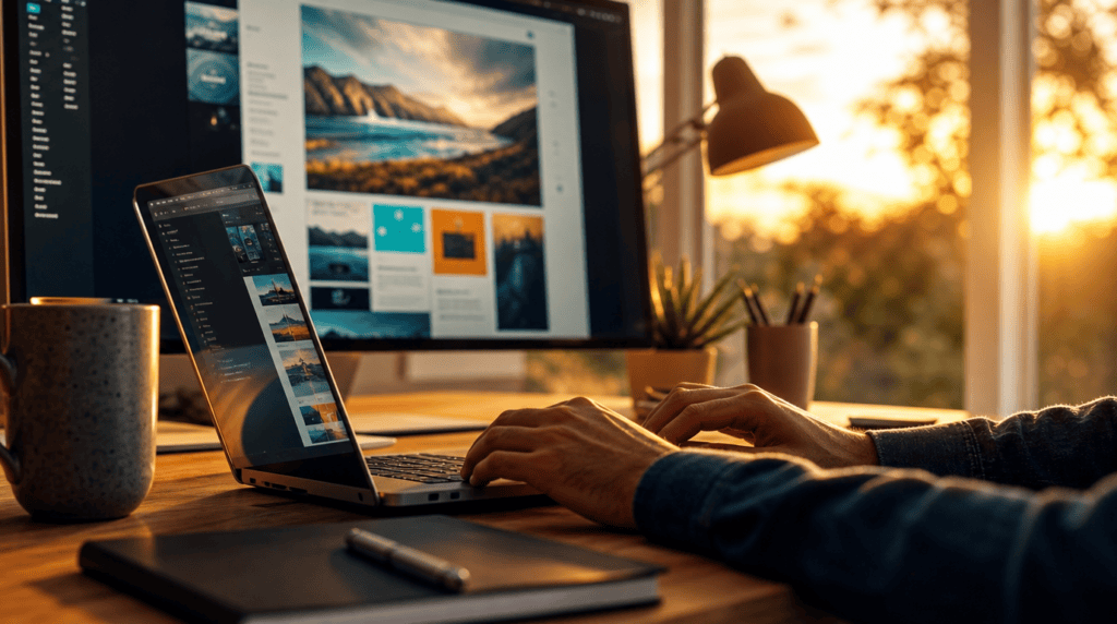 Web designer typing on a laptop while editing a website layout on a desktop monitor
