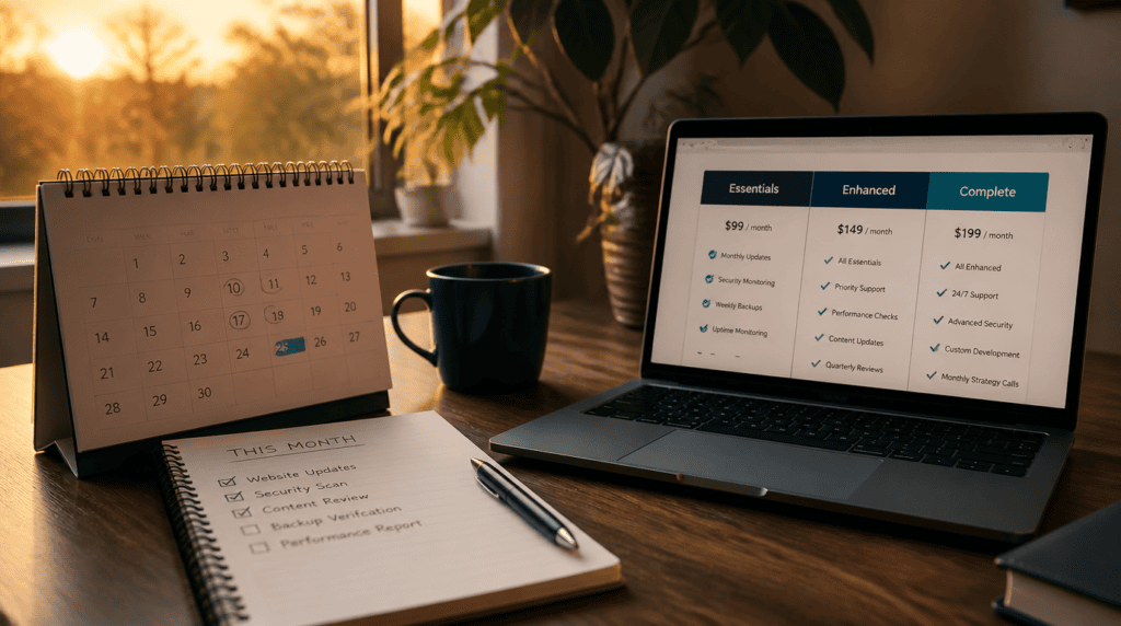 Desk calendar, notebook and laptop displaying a website care plan comparison