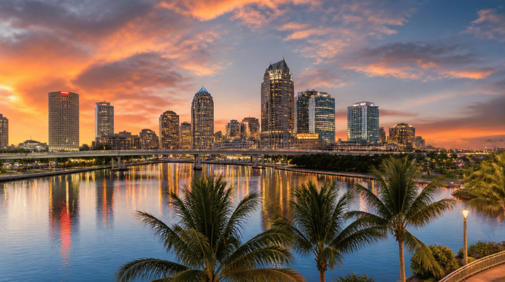 Downtown Tampa skyline reflected in the water at sunset with palm trees in the foreground