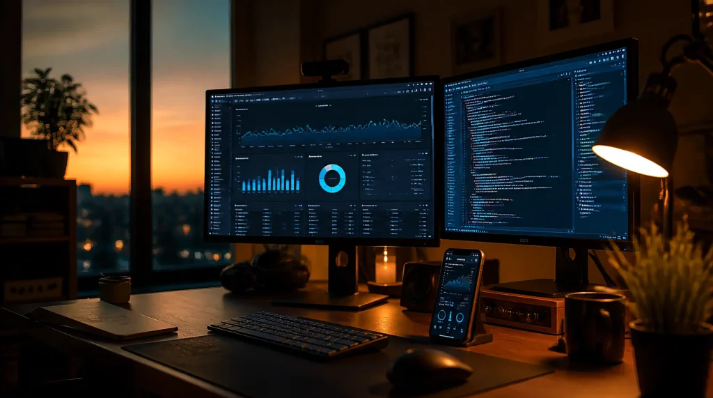 Dual-monitor home office workstation at sunset with a website analytics dashboard and code editor on screen, a smartphone showing site stats, and a glowing desk lamp, representing ongoing website management by The Web Smithy