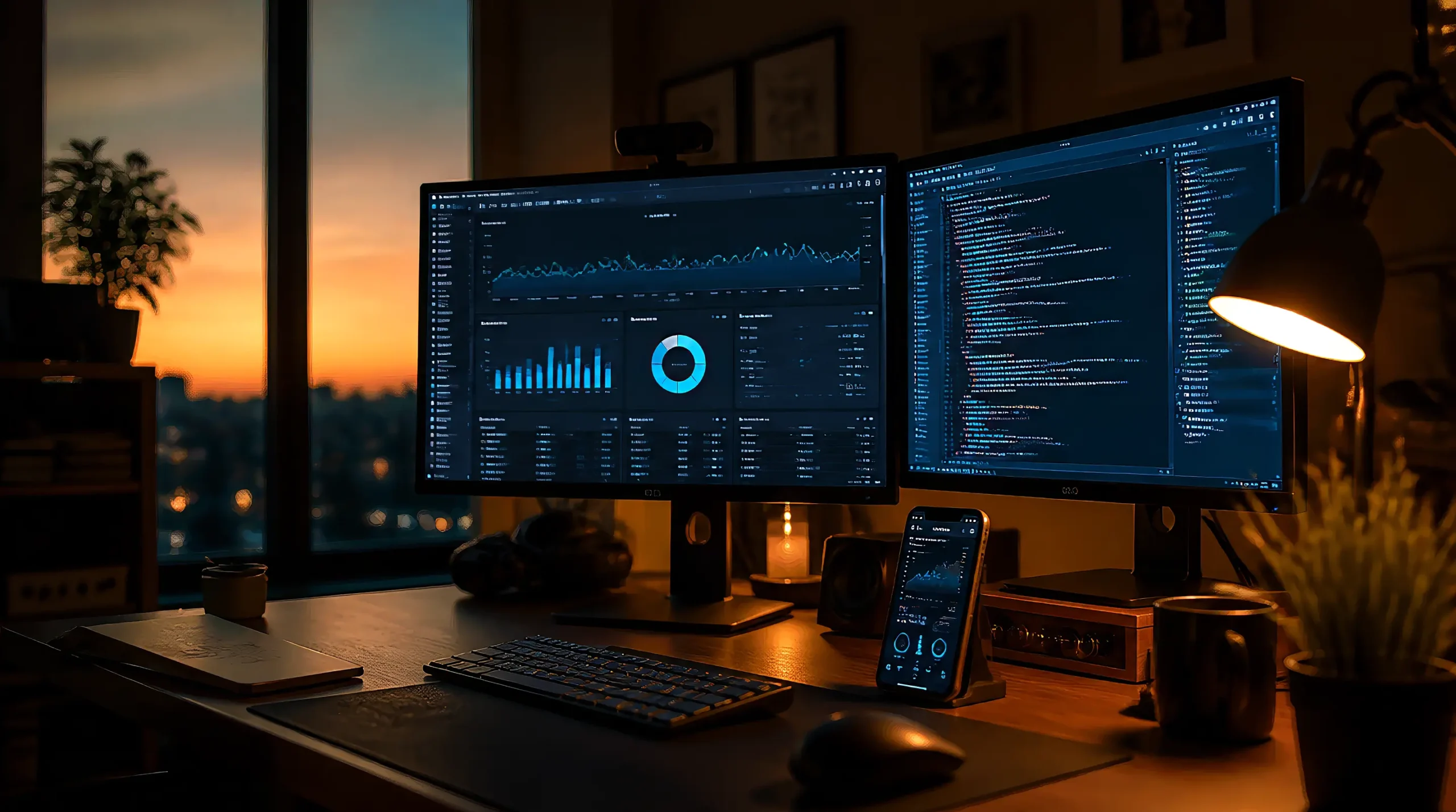 Dual-monitor home office workstation at sunset with a website analytics dashboard and code editor on screen, a smartphone showing site stats, and a glowing desk lamp, representing ongoing website management by The Web Smithy