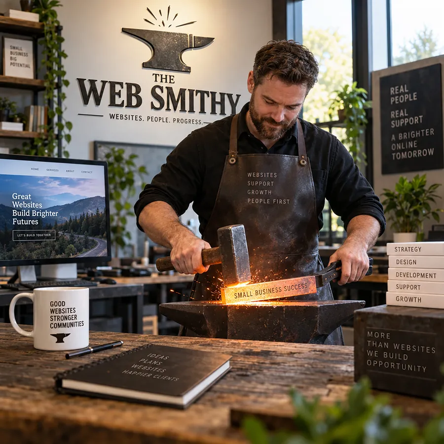 The Web Smithy craftsman forging small business success on an anvil, representing handcrafted website design in Riverview, FL